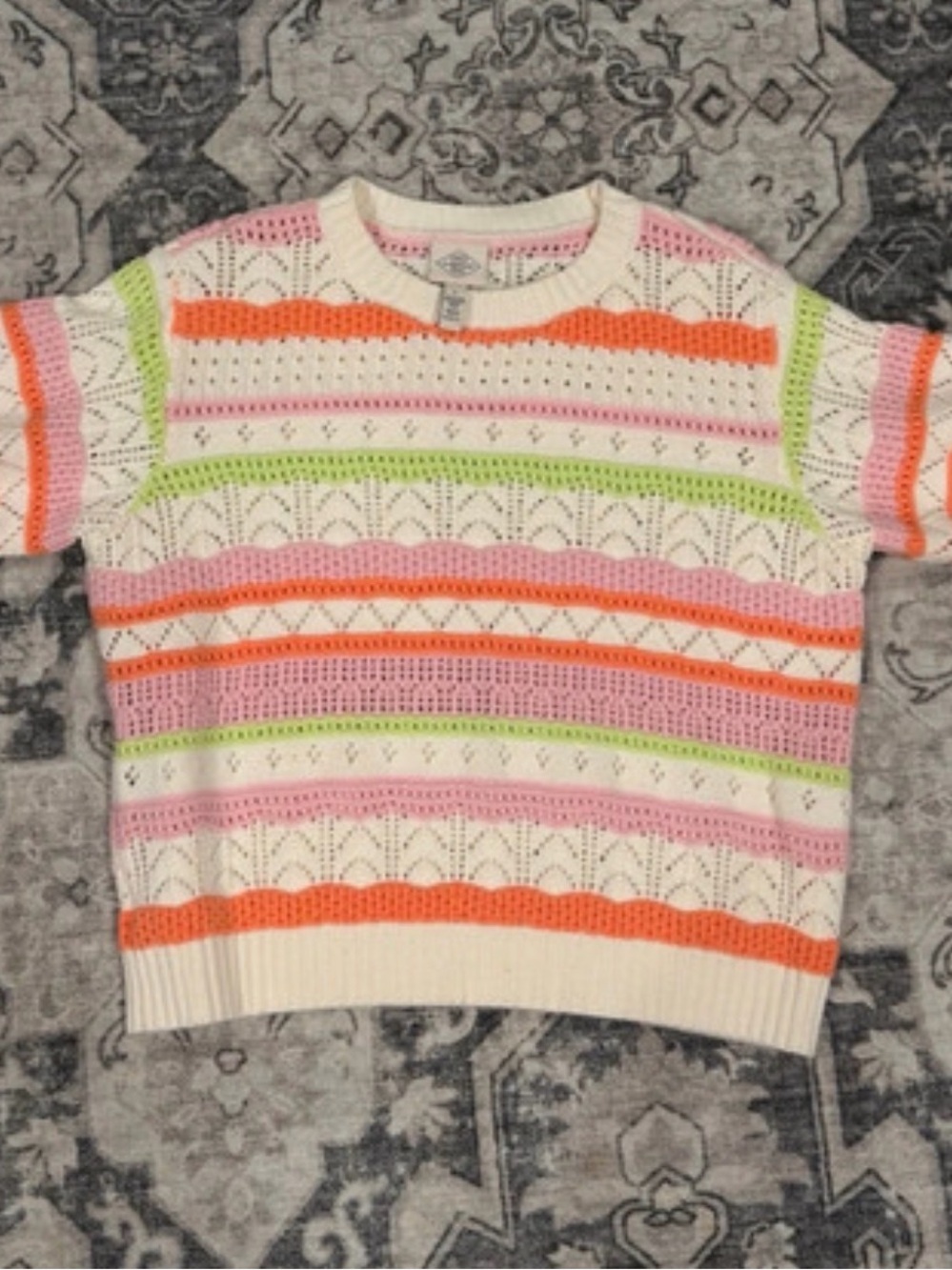 St. John's Bay Cream Short-Sleeve Knit Sweater with Pink, Orange & Green Stripes